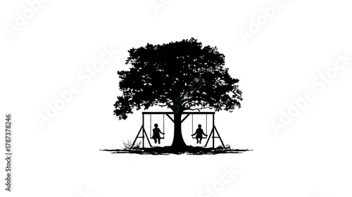 Children playing on tree swings, black silhouette of childhood fun, outdoor leisure, and nature's embrace isolated on white