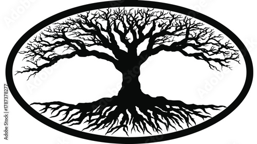 Stylized black silhouette of a powerful ancient tree with extensive roots and a wide canopy, framed by an elegant oval design.