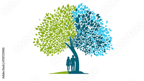Symbolic illustration of a family standing under a split-leaf tree with green and blue foliage, representing growth, generations, and harmony.