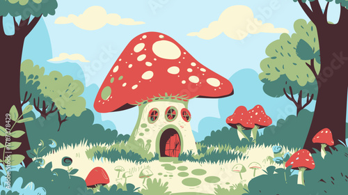 Whimsical Mushroom House Illustration in an Enchanted Forest Clearing. Fantasy Fairytale Woodland Landscape Art.