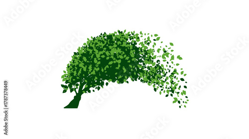 Stylized green tree with leaves scattering and blowing away in an arc, symbolizing nature, environmental change, growth, and dynamic movement.