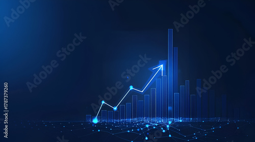 Futuristic blue glowing arrow graph showing upward trend and financial growth on dark background