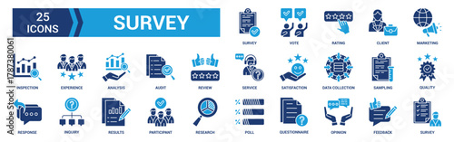 Survey icon set. Containing feedback, opinion, questionnaire, poll, research, data collection, review and satisfaction icons. Solid icon collection. Vector illustration.