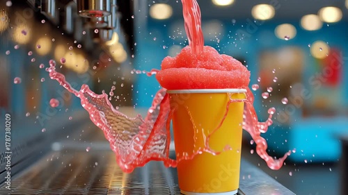 Colorful beverage being poured into a yellow cup, showcasing vibrant splashes and foam, with a dynamic camera zooming in to capture the lively action and excitement of the drink preparation process