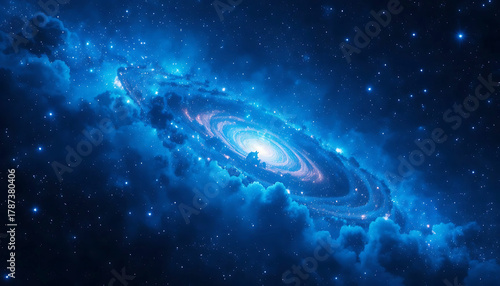 Spiral Galaxy Surrounded by Stars and Nebulae in Deep Space