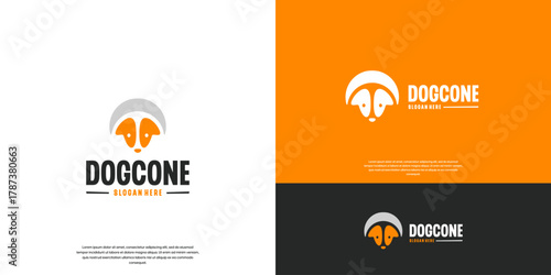 Illustration of a dog wearing a cone, post-illness recovery, animal care, graphic design template.