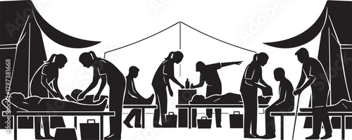 International volunteer day concept silhouettes of aid workers caring for people in tents