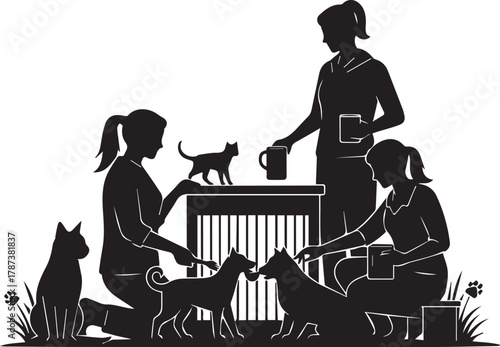 International volunteer day animal shelter volunteers caring for dogs and cats silhouette