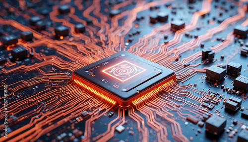 Glowing Microchip with Radiating Orange Data Lines on Circuit Board