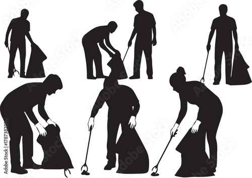 International volunteer day diverse people cleaning up litter with bags and tools silhouette set