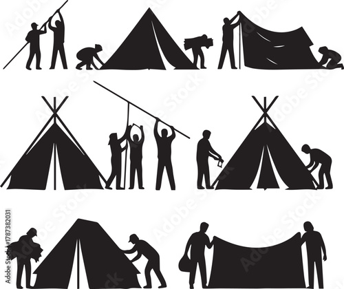 International volunteer day camp scene people setting up tents silhouette group activity