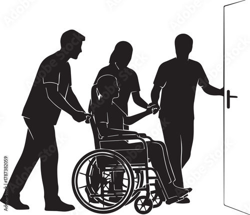 International volunteer day silhouette three people helping person in wheelchair through door
