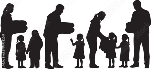 International volunteer day silhouettes helping children with donations giving gifts support charity