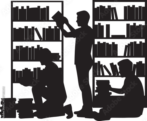 Silhouettes of volunteers organizing books on shelves for international volunteer day celebration