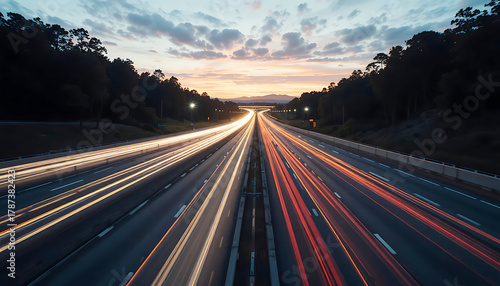 Long-Exposure Highway Scene with Light Trails and Mountain Horizon at Dusk