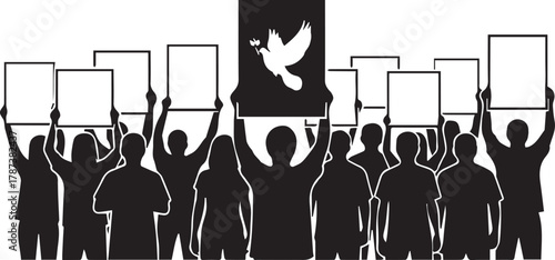 Silhouetted crowd holding signs promoting peace and international volunteer day celebration