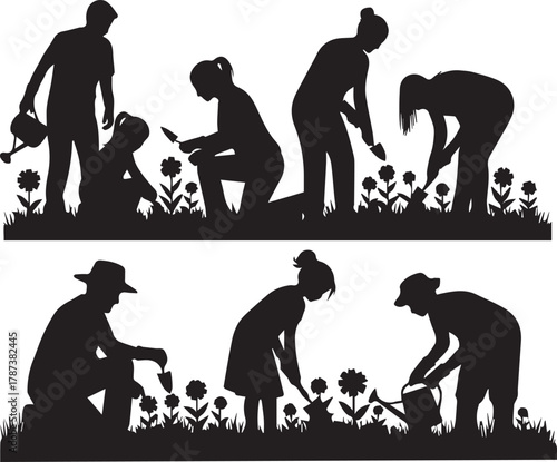 Diverse group of people silhouettes gardening together in a vibrant flower bed