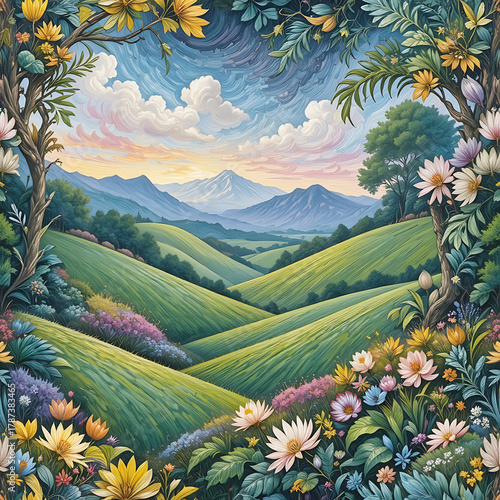 Vibrant Landscape Painting with Multicolored Fields, Mountains, and Autumn Trees