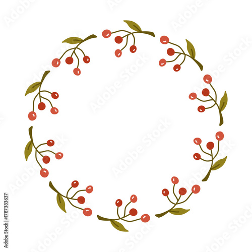 Botanical wreath with rowan berries isolated on a white background. Round frame with a natural theme. Vector hand-drawn flat illustration. Perfect for cards, invitations, decorations, logo.