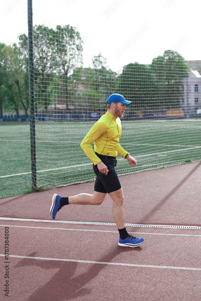 Obraz premium Man running in front of stadium fence