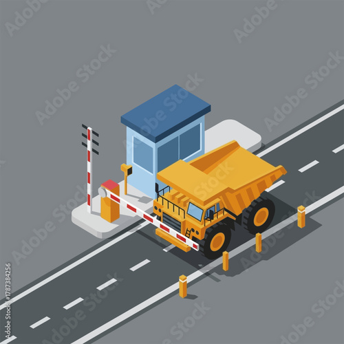 Isometric Dump Truck at Toll Booth on Highway.