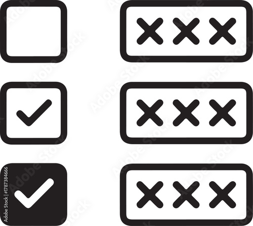 Checkbox and password input field icons with checkmarks and xs