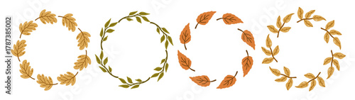 A set of botanical wreaths with autumn leaves isolated on a white background. Round frames with a natural theme. Vector hand-drawn flat illustration. Perfect for cards, invitations, decorations, logo.