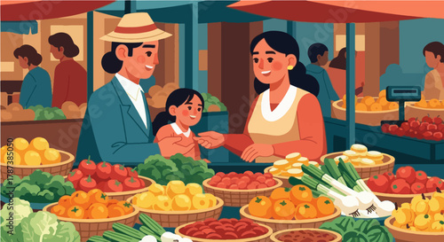 A vibrant vector illustration depicting a friendly interaction between a customer and vendor in a traditional or farmer's market. Colorful fresh produce is prominently displayed in baskets.