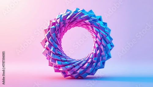 Geometric Sculpture of Interlocking Shapes in Toroidal Spiral with Pink and Blue Gradient