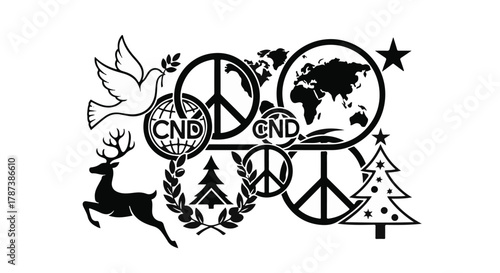 Symbols of peace, global unity, and festive celebration united with nature elements.