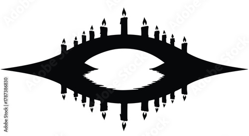 Mysterious glowing eye formed by silhouettes of candles, creating an otherworldly and magical ambiance.