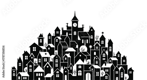 Whimsical silhouette of a dense, charming town filled with unique houses and rooftops.