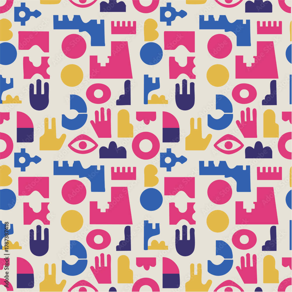 Fototapeta premium Abstract Geometric Seamless Pattern. Minimalist Retro-Futuristic Texture Background in Primary Colors