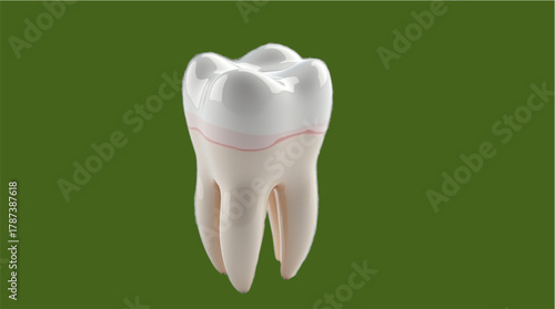This is a 3D digital illustration of a human molar tooth. The tooth exhibits a white, glossy enamel crown and light beige roots. A subtle pink line indicates the gingival margin or cementoenamel