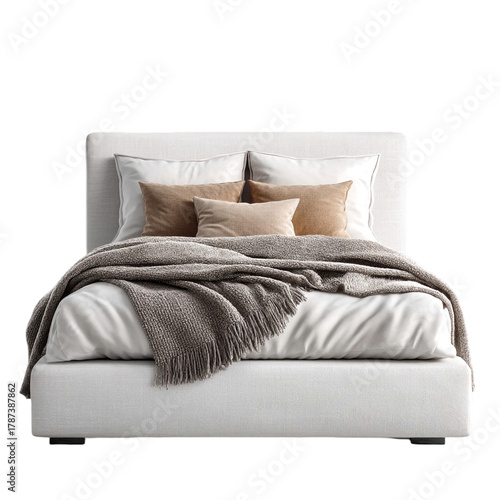 A well made bed with white sheets and pillows and a brown blanket with tassels on a black background