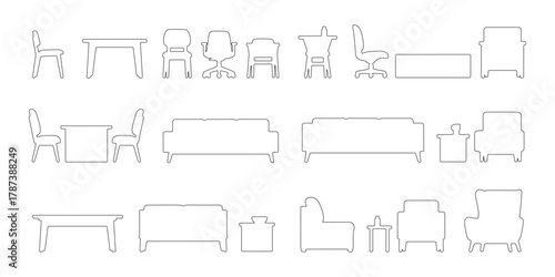 CAD Drawings. Set of outline modern furniture in section view. Includes various chairs, sofas, tables, and armchairs. Vector illustration.