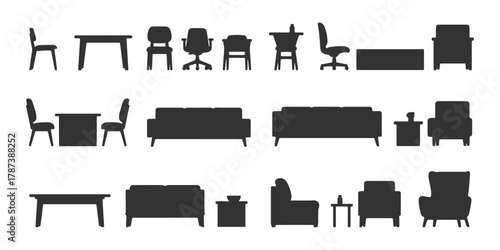 CAD Drawings. Set of silhouette modern furniture in section view. Includes various chairs, sofas, tables, and armchairs. Vector illustration.