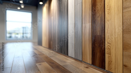 A display of different wooden flooring options in a bright, modern showroom. Ideal for interior design inspiration and home renovation projects.