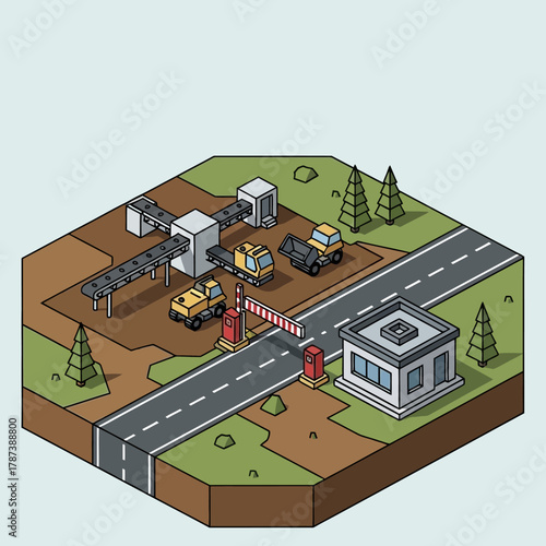 Isometric illustration of a guarded industrial checkpoint with trucks.