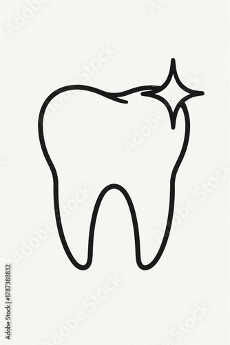 This is a minimalist line-art icon depicting a single molar-like tooth with a sparkle or star symbol next to its crown. The clean outline and the added sparkle are used to symbolize whiteness, 