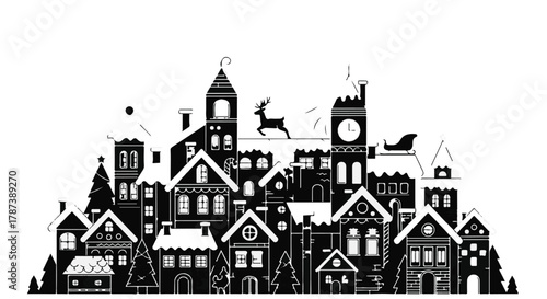 Whimsical village scene with festive holiday cheer and a reindeer pulling a sleigh