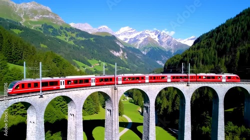 A red train travels across a stone arched bridge with mountain landscape in the background