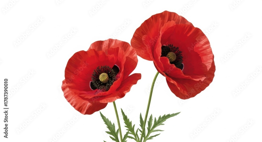 Naklejka premium Vibrant Red Poppies on White Background, Poppy, Red poppy, Flower