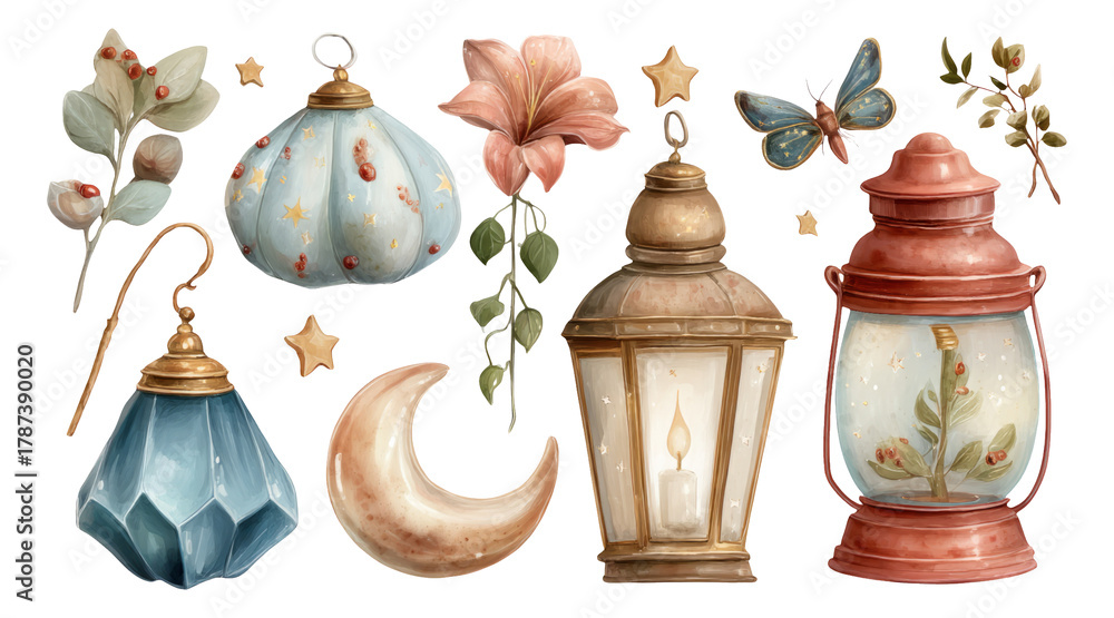 Obraz premium Enchanted Moonlight Garden Elements with Lanterns, Flowers, and Decorative Motifs