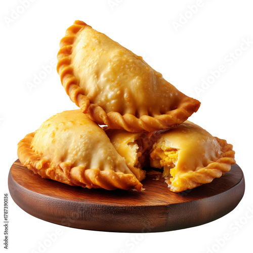 Fried baked pastry empanadas filled with ground beef cheese ham and crimped edges on wooden plate, isolated on white background