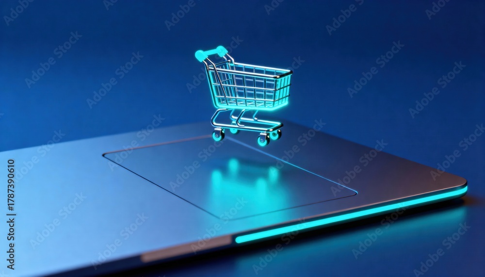 Fototapeta premium A glowing neon shopping cart levitates over a laptop trackpad. Futuristic e-commerce, online shopping, and digital retail technology concept