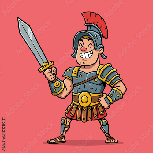 Smiling cartoon Roman soldier in armor holding a sword high on a solid pink background.