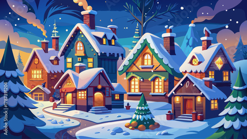Charming snowy village with glowing Christmas lights, decorated tree in the town square, cozy cottages with smoke rising from chimneys, whimsical hand-drawn line art scene capturing festive winter