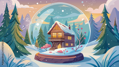 Delicate watercolor illustration of a glass snow globe containing a cozy wooden cabin surrounded by pine trees and gentle snowfall, soft pastel tones and dreamy atmosphere, evoking warmth, nostalgia