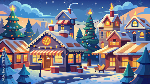 Playful winter town illustration featuring small cottages, decorated Christmas tree, snowy rooftops, and tiny market stalls glowing with warm light, whimsical line drawing filled with charm